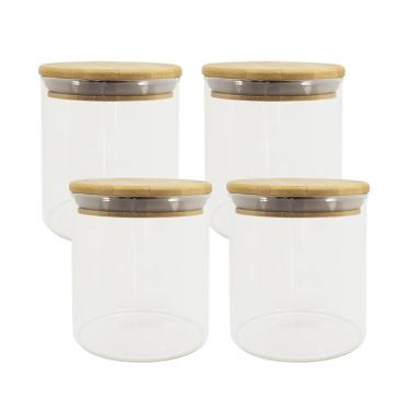 Imagem de 4 Potes De Vidro Com Tampa De Bambu Oikos 500ml Hermético Redondo