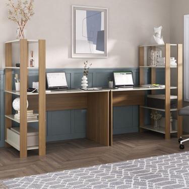 Imagem de Kit 2 Escrivaninhas Com Estante 5 Prateleiras 120cm Match Off White-carvalho