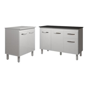 Imagem de Balcão Para Microondas Ou Forno Branco E Armário Aline 118 Cm Cozinha Gabinete Branco Com Tampo Tampão Preto