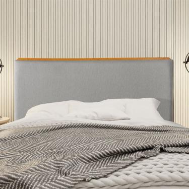 Imagem de Cabeceira Cama Box Queen 1,60m Estofada Detalhe Em Madeira Java Linho Cinza