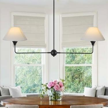 Imagem de HuisMier Lustre Linear Moderno Para Ilha De Cozinha, Luminária 2 Luzes Pretas Sala Jantar Com Cúpula Tecido Branco-Sujo, Pendente Rústico Estar, Restaurante, Estar E Quarto