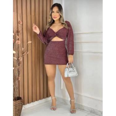 Imagem de Vestido com tecido elástico manga longa e com brilhos - TodaBella, Bej