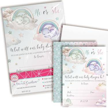 Imagem de Convites de revelação de gênero de dragão caprichoso - 20 cartões preenchidos 12 x 17 cm com envelopes - Convites de chá de bebê pastel para ele ou ela revelar festa por AmandaCreation
