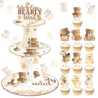 Imagem de Xcvwz We Can Barely Wait Decorações de chá de bebê 3 camadas Bearly Wait suporte de cupcake de urso enfeite de cupcake urso espera urso decorações de chá de bebê para decoração de festa revelação de