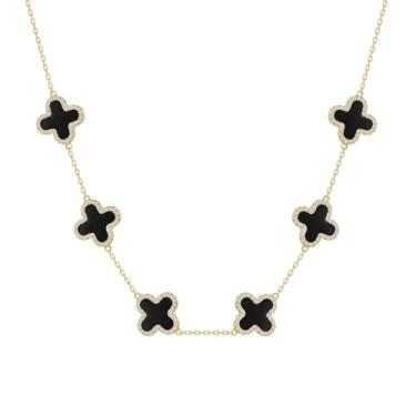 Imagem de Qitian Colar de trevo feminino, ouro 18K, quatro folhas, rosa, trevo da sorte, conjunto de colares modernos, joias e presentes para mulheres, 0.59, Aço inoxidável, Zircônia cúbica