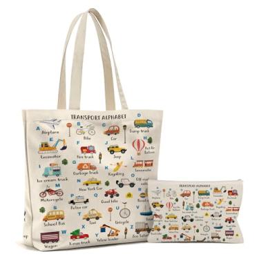 Imagem de Wazzio 2 peças de sacola de lona com carta de transporte com bolsa de maquiagem, livros de letras presentes para mulheres amantes de livros, conjunto de bolsa de biblioteca para compras, academia