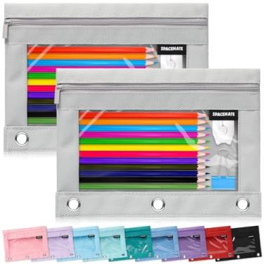 Imagem de SPACEMATE Pacote com 2 estojos para fichário, estojo para fichário com 3 anéis, material escolar, meninas, meninos, crianças, transparente, organizador de canetas estéticas, grande, artigos de