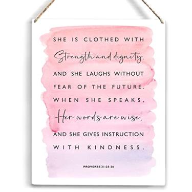 Imagem de YCYD Placa De Madeira Inspiradora "Ela Está Vestida Força" Com Versículo Bíblico Rústico Provérbios 31:25-26, Aquarela Cristã, Para Pendurar Decoração Parede Casa, 8 X 10" (Presente)