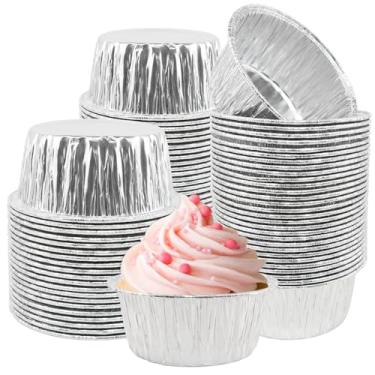 Imagem de Copos de folha de alumínio para assar, 150 peças, forros de cupcake de alumínio Ramekin descartáveis IMPOFFI de 150 ml, forros de muffin para cupcake, assar, torta de ovo, pudim, creme brulee