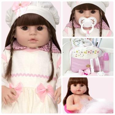 Imagem de Bebe Reborn Menina Cabelo Castanho 100% Silicone + Kit Itens - Cegonha