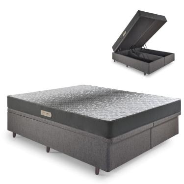Imagem de Cama Baú Casal 138x188 Bipartido Linho Cinza com Dual Firm Espuma Ecoflex