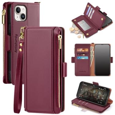 Imagem de Antsturdy Capa carteira compatível com iPhone 13 mini 【bloqueio RFID】 Capa de telefone de couro PU feminina masculina flip capa à prova de choque alça de pulso com zíper compartimentos para cartão de