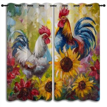 Imagem de Cortinas blackout de frango para meninos e meninas, decoração de casa, animais de fazenda, girassóis, colorido, floral, pintura a óleo, arte, isolamento térmico, ilhós, escurecimento, cortinas de