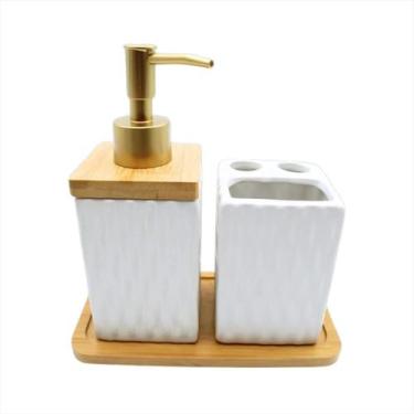 Imagem de Kit Lavabo Luxo Porta Escova de Dentes Sabonete Liquido Bandeja de Bam