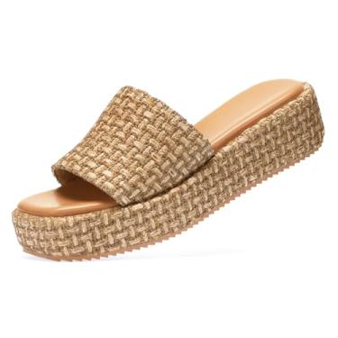 Imagem de Monrovia Sandálias de plataforma femininas ráfia, alpargatas de vime, escorregadores de cunha baixa, sapatos de férias de palha de verão, sandálias de praia confortáveis em rattan, sandálias de praia