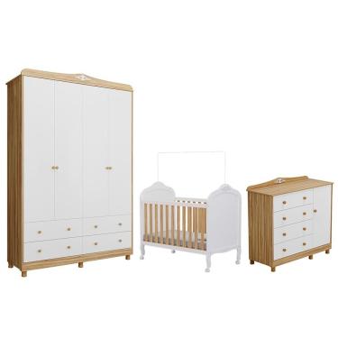Imagem de Dormitório Infantil Elô Guarda Roupa, Cômoda E Berço Branco Brilho/amêndoa - Móveis Peroba
