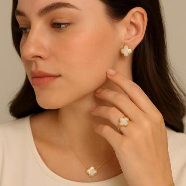 Imagem de Colar Trevo banhado a ouro 18k - Genérica, Branco