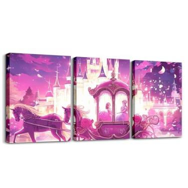Imagem de Feelyou Pintura de parede infantil princesa carruagem decoração de parede castelo tela para quarto rosa conto de fariy 3 peças pintura de parede meninos meninas bonito arco-íris 30,5 x 40,6 cm 3 peças