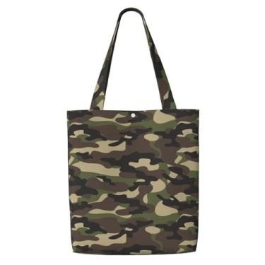 Imagem de MOLAIGIN Sacola de lona estética para mulheres, bolsas de ombro reutilizáveis para férias, compras, trabalho, mercearia, Camuflagem camuflada verde militar marrom, One Size