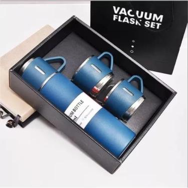 Imagem de Kit Garrafa Térmica Inox 500ml com 3 Xícaras Portátil Ideal para Camping Viagem e Uso Diário (Azul)