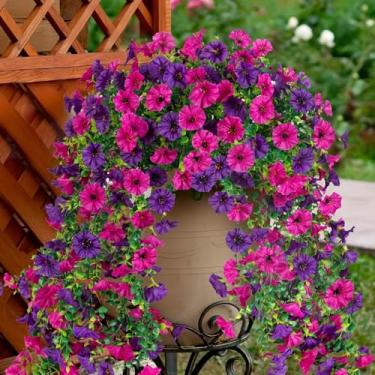 Imagem de Jasion 4 pacotes de flores artificiais para pendurar ao ar livre, glória da manhã, plantas falsas, resistentes a UV, para decoração de varanda e cerca (roxo e rosa rosa)
