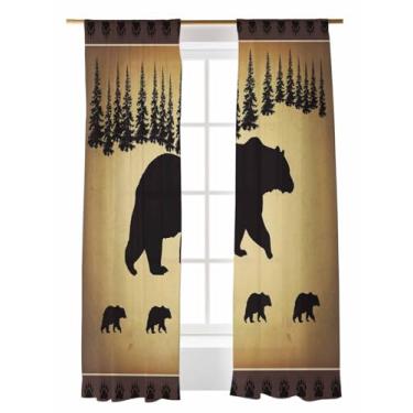 Imagem de Cortinas transparentes vintage de urso preto 213 cm de comprimento, pinheiro, floresta, retrô, marrom, animal, planta, natureza, conjunto de 2 painéis, cortinas semitransparentes para sala de estar