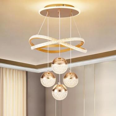 Imagem de Lustre Pendente para Sala e Quarto | Luminaria Pendente Sala Jantar LED Lustre Linear Contemporâneo 4 Luzes, Metal com Dimerização e 3 Temperaturas de Cor (Ouro)