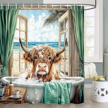 Imagem de JAWO Cortina de chuveiro de vaca, cortina de chuveiro caubói de fazenda ocidental, vida selvagem ocidental, touro engraçado na porta de celeiro de madeira rústica, conjunto de cortina de chuveiro