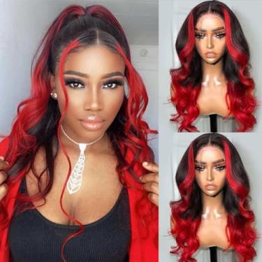 Imagem de Goldfinch Ombre Red 33 x 10 perucas de cabelo humano ondulado do corpo 1B/red Skunk Stripe Lace Frontal perucas pré arrancadas linha do cabelo vermelho e preto destaque HD perucas de renda com listras