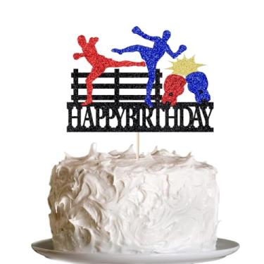 Imagem de Topo de bolo de boxe feliz aniversário, bout pugilista infighter beat plataforma de boxe saco de pancadas temático homens crianças menino menina suprimentos de festa de aniversário