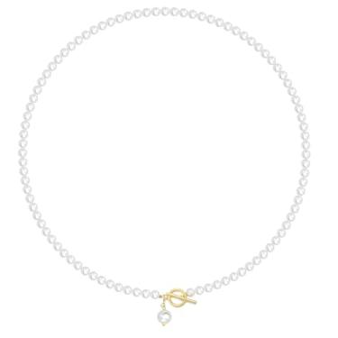 Imagem de Eymi Gargantilha feminina delicada de 4 mm, banhada a ouro 14K, feita à mão, redondo, branco, pérola, colar com fecho de alternância para casamento, dama de honra, joia de presente