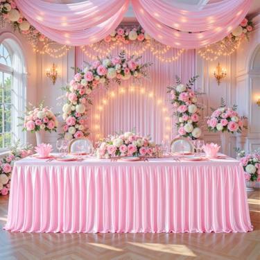 Imagem de Wish Care Roupas de mesa de cetim rosa para mesas retangulares de 2,3 m – Toalhas de mesa retangulares com glitter resistentes a vincos, capas de mesa de festa para banquete de casamento, chá de bebê