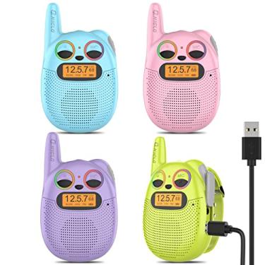 Imagem de Qniglo Walkie Talkies para crianças, pacote com 4, presentes de aniversário de Natal para meninos e meninas, para crianças de 3 a 12 anos, Walkie Talkies recarregáveis, ideais para acampamento