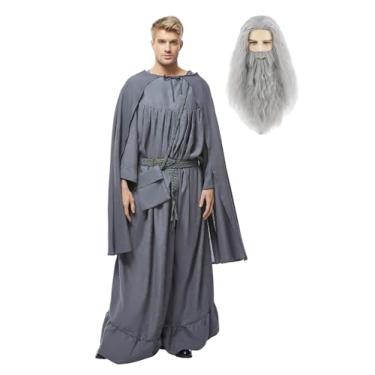 Imagem de iunoket Roupão de bruxo adulto cosplay fantasia bolsa cinto capa amarrada com acessório de peruca de barba roupa completa uniforme de Halloween