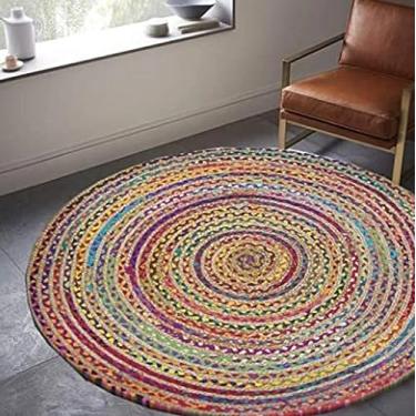 Imagem de SHIVERO HOMES Tapete de área boho trançado de algodão de juta, 1,2 m redondo - natural, feito à mão, tapetes reversíveis para casa de fazenda, para sala de estar, cozinha, quarto, corredor, entrada