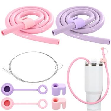 Imagem de Baderke 2 conjuntos de canudos de silicone reutilizáveis de 89 cm extra longos compatíveis com Stanley 1,134 g copo grande garrafa de vinho de água canudos flexíveis e escovas de limpeza acessórios de