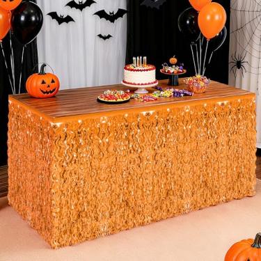Imagem de Pacote com 2 saias de mesa de Halloween, saia de grama de folha de outono laranja para mesa, saias de mesa onduladas metálicas com franjas, cortinas de mesa, saias de cortina de mesa de ação de graças