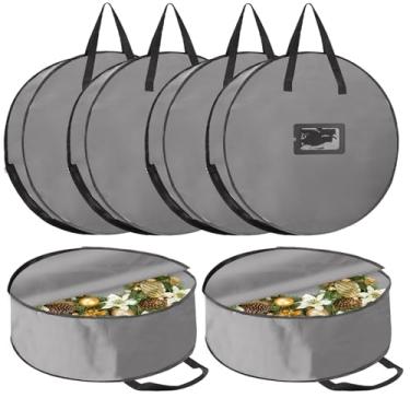 Imagem de YAYODS Pacote com 6 recipientes de armazenamento de guirlanda de Natal de 76 cm, suporte de guirlanda de PE com zíper e alças para Natal, decorações (cinza)