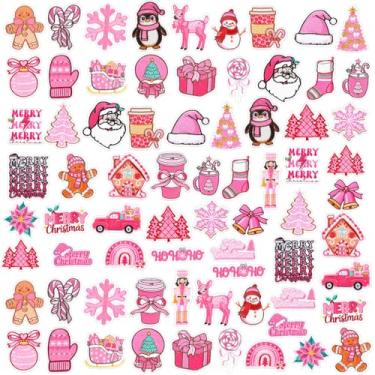 Imagem de Janinka 72 peças de adesivos de Natal bordados rosa costurados em aplique de Papai Noel, árvore de Natal, guirlanda de boneco de neve, alce, rena, doce, remendo de reparo para roupas, chapéu, bolsa