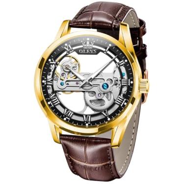 Imagem de OLEVS Relógios de pulso exclusivos esqueleto automáticos para homens, pulseira de couro preto e marrom, moda luxuosa, relógio mecânico masculino luminoso, à prova d'água, Pulseira marrom com mostrador