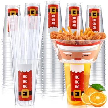 Imagem de SiliFine 25 conjuntos de copos de bebida e lanche de Papai Noel para festa de Natal com canudos, copo descartável de plástico para estádio com tigela de lanche para batatas fritas, frango frito e