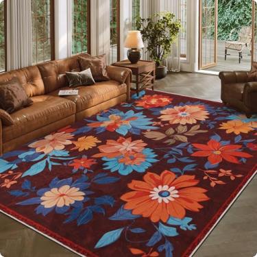 Imagem de Clemile Tapete floral 20 x 3 m - antiderrapante lavável à máquina tapete para sala de estar - tapete macio para decoração de casa marrom colorido