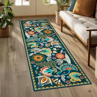 Imagem de Joydeco Tapete de corredor boho floral egípcio 5 x 15 cm para entrada de corredor, verde escuro, tapete de cozinha antiderrapante, lavável, tapete ultrafino vintage para entrada, lavanderia, cama ao