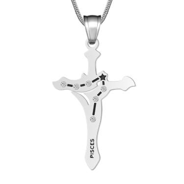 Imagem de Colar masculino da constelação do zodíaco, pingente de cruz de aço inoxidável, coleção de 12 sinais, joia astrológica com caixa de presente para mulheres, ONESIZE, Aço inoxidável, Sem Pedra Preciosa