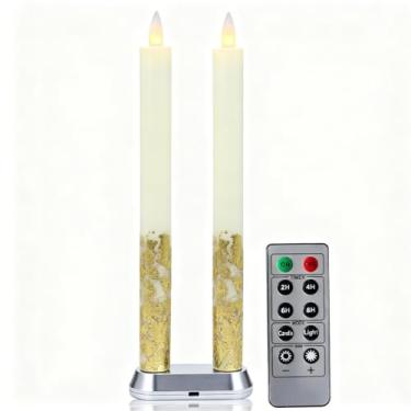 Imagem de CozierGlow Vela recarregável sem chama com temporizador remoto, velas LED de cera real em movimento 3D (inclui controle remoto, base de carregamento e cabo USB) (Rech-2Taper-Ivory Gold Leaf, 23 cm)
