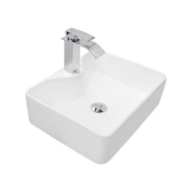 Imagem de Kit Cuba Pia Louça Cerâmica Banheiro C/Torn E Vál Cromada 28 - Smart N