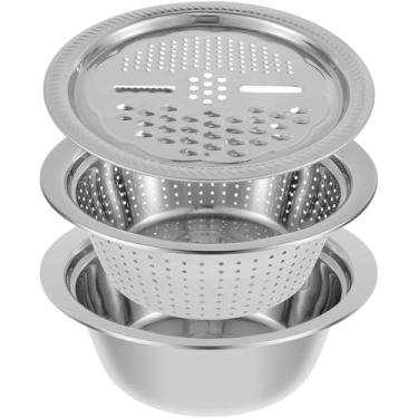Imagem de Bacia multifuncional de aço inoxidável, coadores de alimentos de 26 cm com bandeja fatiadora de legumes, conjunto de tigela de lavagem de frutas e vegetais, coador, cesta de drenagem de aço inoxidável