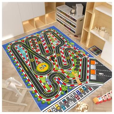 Imagem de Fuzorise Tapete de corrida infantil para carro, estrada, tapete de brincar para quarto de crianças, educacional, rodovia, rodovia, rodovia (azul, 1,2 m x 1,8 m)