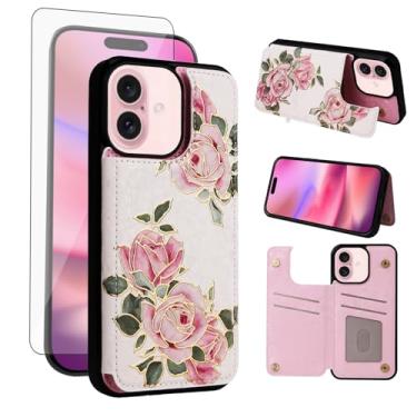 Imagem de Asuwish Capa de celular para iPhone 16 15.5 cm carteira com protetor de tela de vidro temperado flor de luxo porta-cartão de crédito suporte para cartão de crédito suporte i Phone16 i16 16 capa