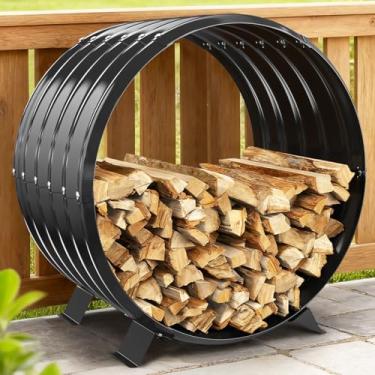 Imagem de Cesta para lenha de 61 cm (24") para uso interno, capacidade de 181 kg, suporte de armazenamento de pilha de madeira resistente com capa à prova de ferrugem, suporte redondo para lareira para pátio